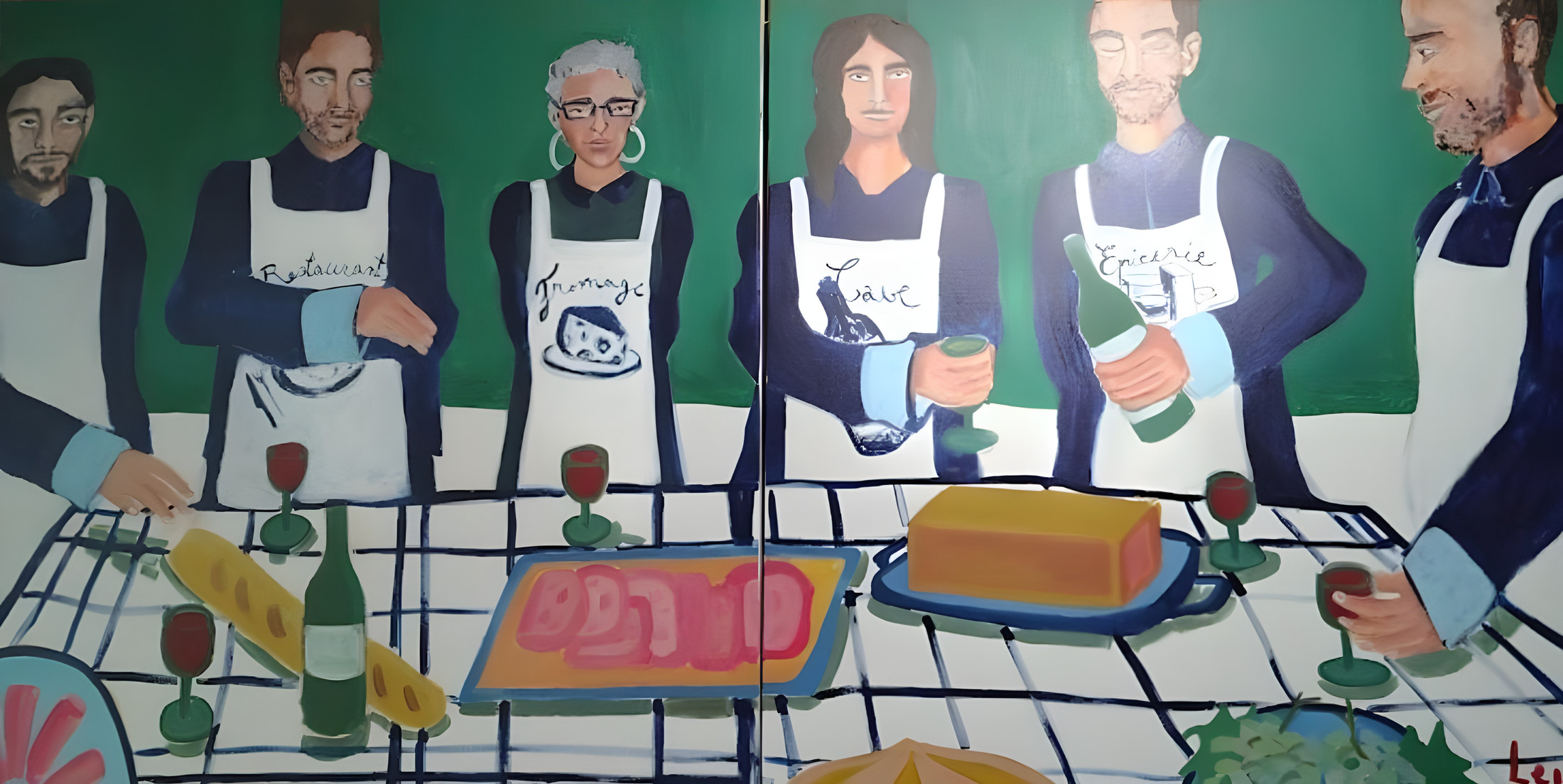 Tableau peint représentant l'équipe du Comptoir des Esteys autour d'une table